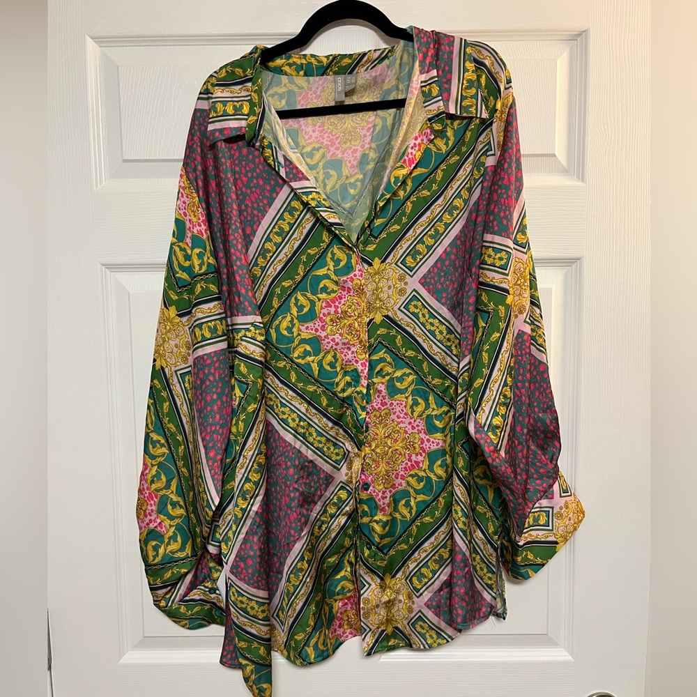 ASOS Silk Button Up Blouse Top Green Pink Eclectic Bohemian Size 20